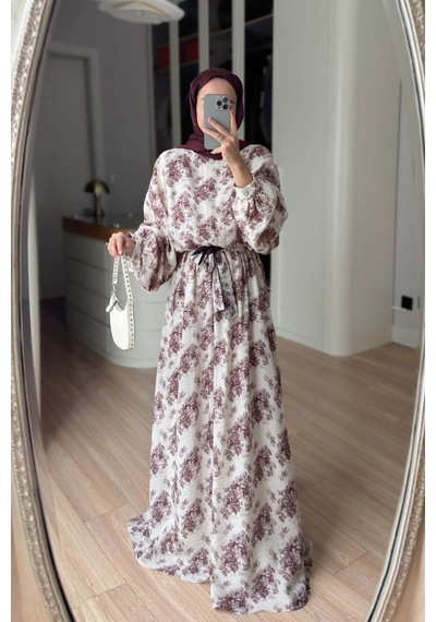 Kahijab Çiçek Desenli Yarasa Kol Astarlı Elbise - Bordo