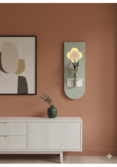 Papatya Ahşap Pilli Ledli İskandinav Tarzı Salon Duvar Rafı Modern Çiçeklik 30 X 80 Cm Çok Renkli