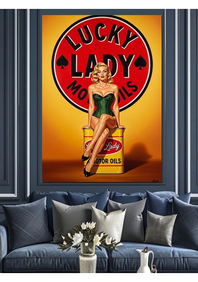 Lucky Lady Retro Pin-up Dekoratif Kanvas - Mdf Ahşap Tablo