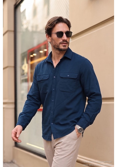 Buratti Pamuklu Çift Cepli Regular Fit Erkek Gömlek Cf25W128858 Indigo