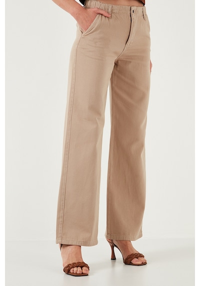 Lela Pamuklu Standart Fit Yüksek Bel Geniş Paça Bayan Pantolon 668Yp5344 Taş