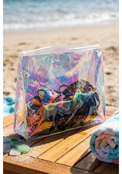 R&m Promosyon Çok Amaçlı Su Geçirmez Şeffaf Pvc Makyaj Ve Plaj Organizer Çantası - Fermuarlı Hologram
