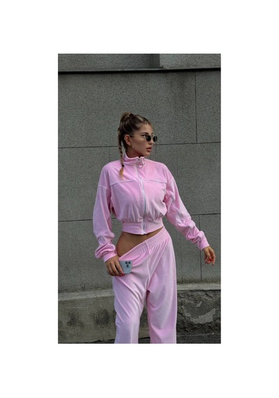 Mayrem Kadın Biyeli Oversize Kadife Eşofman Takım Pembe