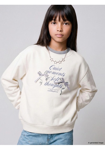 Lc Waikiki Ekru Bisiklet Yaka Nakışlı Kız Çocuk Kalın Sweatshirt Ecru