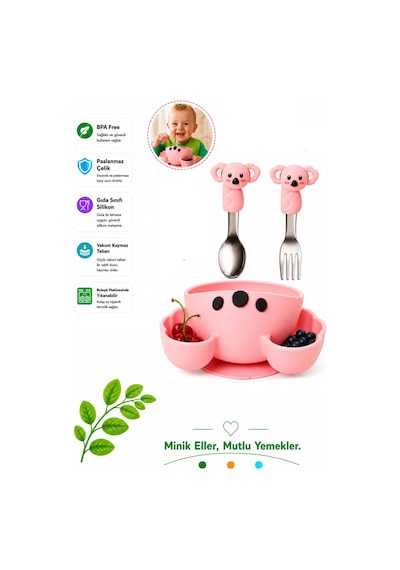 Pembe Koala Premium Çocuk Vakumlu Silikon Beslenme Mama Kase, Paslanmaz Çelik Çatal-kaşık 9+ Ay