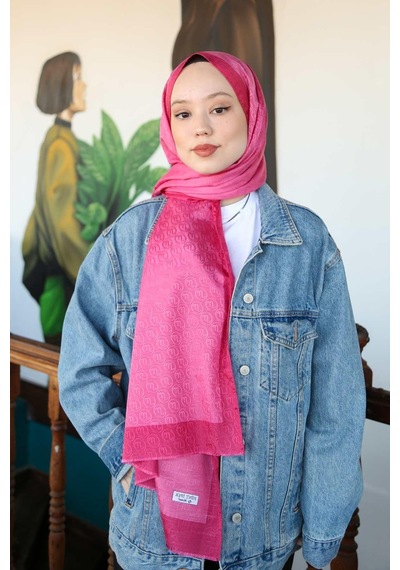 Premium Lux Original Monogram Şal İpek Vual, Yüksek Kalite, Hafif, Rahat, Şık, Tesettür, Shawl Fuşya Şeritli - Logolu