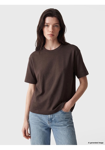 Lcw Comfort Kahverengi Taşlı Soft Touch Kadın Tişört