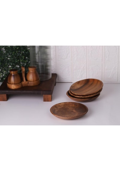 Akasya Tabak - Yuvarlak Servis Pasta Tabağı Meze Tabağı 15 Cm Kahverengi