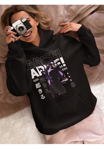 Sevbano Solo Leveling Arise Baskılı Unisex Oversize Anime Karakter Hood Siyah