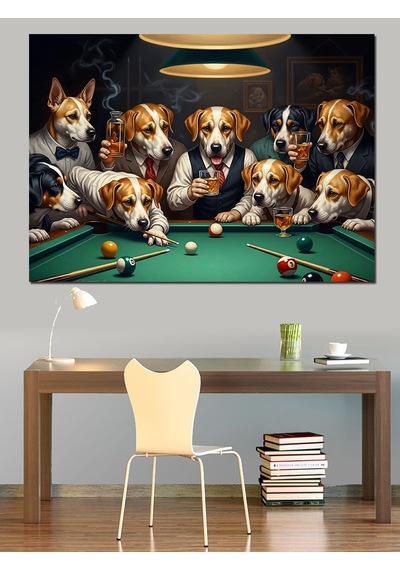Ahşap Tablo Bilardo Oynayan Sevimli Köpekler Grubu
