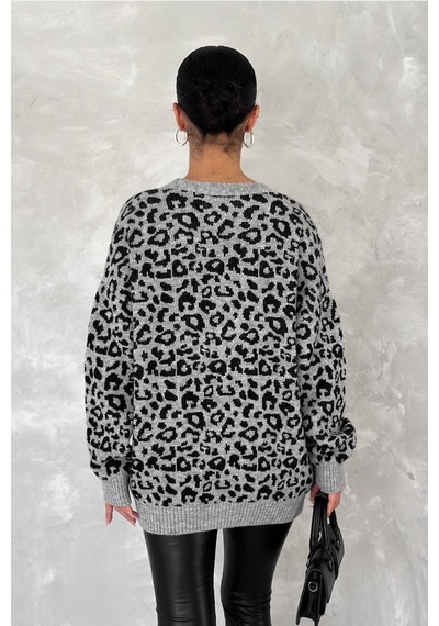Femelle Kadın Gri Leopar Desen Oversize Triko Hırka