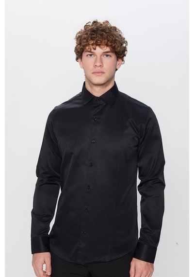 Tudors Slim Fit Dar Kesim Uzun Kollu Önden Kulplu Düz 4 Mevsim Erkek Gömlek-31320 Siyah