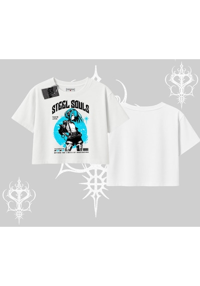 Tarzsokak Oversize Crop Tshirt Anime Cyberpunk Kız Baskılı Beyaz