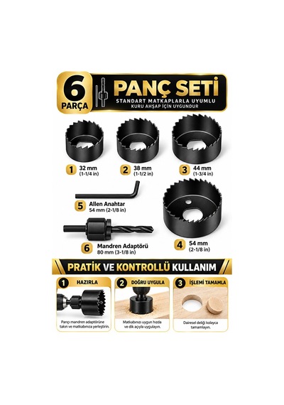 6 Parça Ahşap Panç Seti 32-54 Mm Matkap Uyumlu