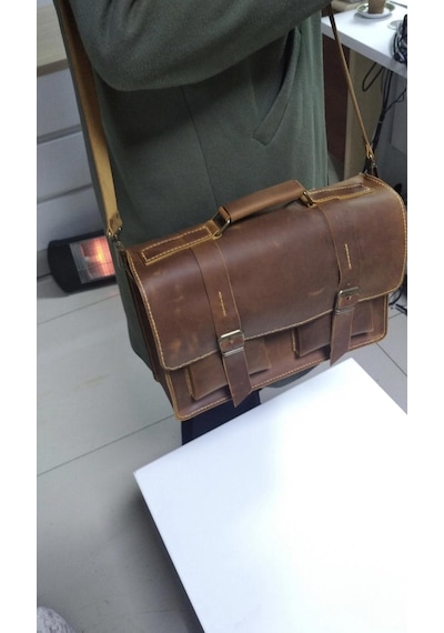 Nyc Giyim Tekstil Hakiki Dana Derisi El Dikişli Deri Evrak Çantası, Omuz Askılı, Çok Gözlü, 35x26x9 Cm, Laptop Ve Tablet İçin İdeal,siyah,kahve,taba Carzy Renk Seçenekleriyle