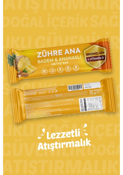 Bromelain Ve Vitamin D İçeren Meyve Bar, Şeker İlavesiz Badem Ve Ananaslı 35 Gr X 12 Adet