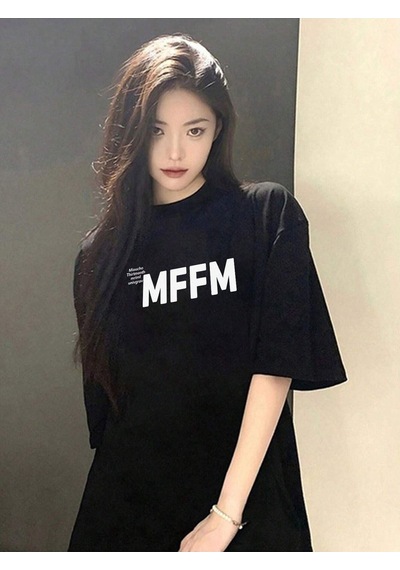 Unisex Siyah Oversize Mffm Baskılı Örme T-shirt Siyah