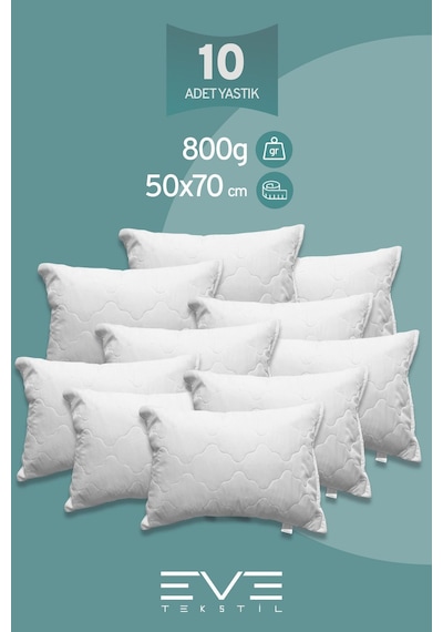 Eve Tekstil 10 Adet Diamant Plus Kılıflı Fermuarlı Yıkanabilir Antialerjik Silikon Elyaf Yastık 50x70cm 800 Gr Beyaz
