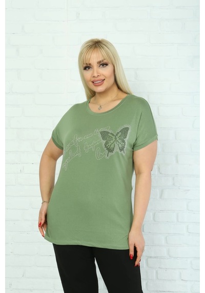 Modasehle Kadın Büyük Beden Yeşil Taşlı T-shirt Yeşil