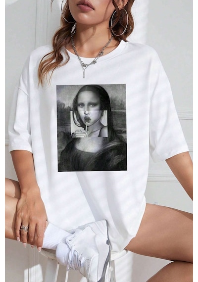 Unisex Mona Lisa Baskılı Tasarım Tshirt Beyaz