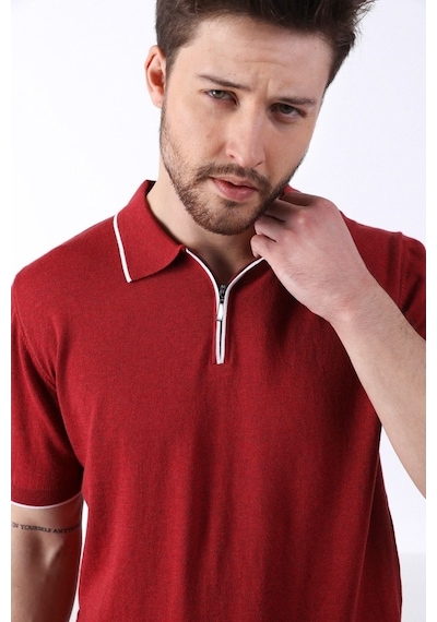 Ferraro Tarçın Yaka Şerit Fermuarlı Erkek Pamuk Triko T-Shirt-Tarçın