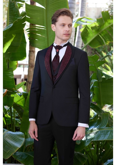 Morven Erkek Siyah Santos Çıkma Yaka Slim Fit Damatlık Siyah