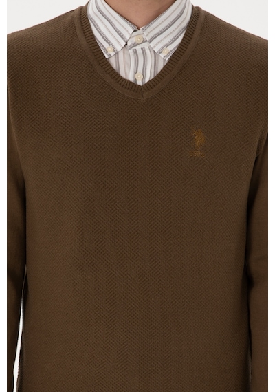 U.S. Polo Assn. Erkek Slim Fit V Yaka Haki Basic Kazak 50288886-VR027