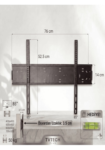 Tv Duvar Askı Aparatı I 85"-80"-75"-70"-65"-60"-55"-50"-45"-40" I Evrensel Uyum I Deprem ve Çocuk Kilitli I Mini Terazi I Kavisli/Curved I Yerli Üretim I Max Vesa 700x500