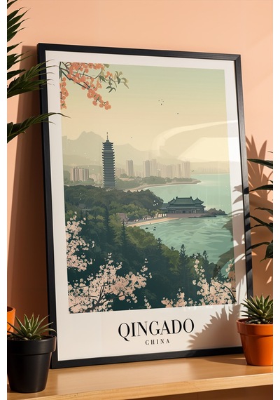 Qingdao China Vintage Seyahat Posteri Çerçeveli Tablo - Premium Uzak Doğu Elit Duvar Dekoru Siyah