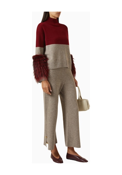 Izaak Azanei Half - Half Cuff Sweater, Lüks Triko Faux Kürk Detaylı Kazak Kırmızı