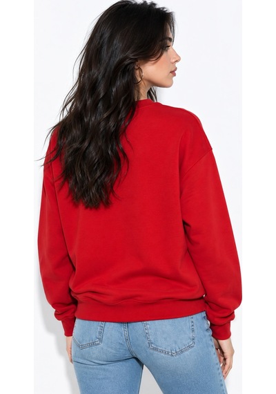 Mevese Kadın Taş İşlemeli Fiyonk Baskı Oversize Üç İplik Rahat Kesim Sweatshirt - Kırmızı