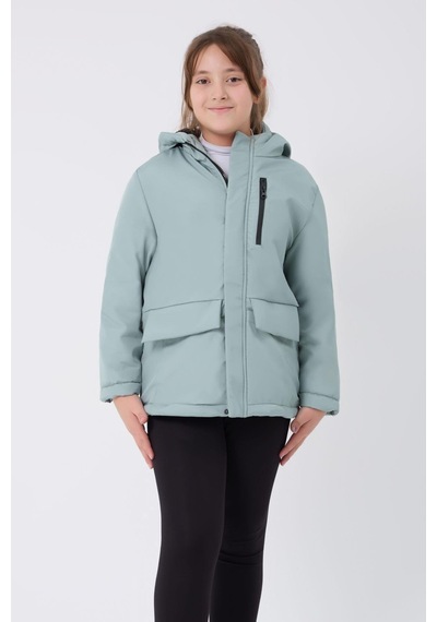 Kız Çocuk Kürklü Su Ve Rüzgar Geçirmez Kapüşonlu 3 Cep Kışlık Mont & Kaban & Parka-69 Mint Yeşili