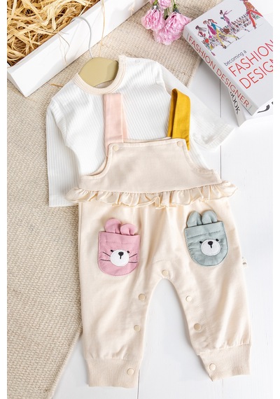 Baby Mod Tavşan Fiğürlü100% Pamuk Kız Bebek Salopet 2'li Tulum Krem