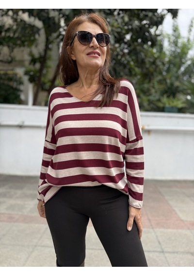 DenizEge İtalyan Yün Angora Çizgili Triko Bordo