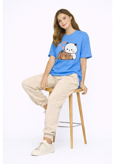 Sevimli Panda Baskılı Sevgili Kombini Çift Tişört Oversize Unisex Mavi