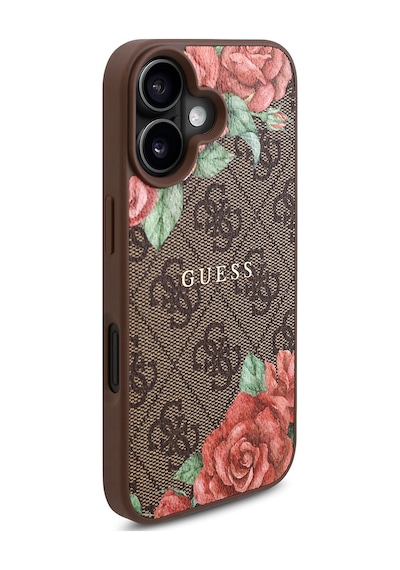 Apple Uyumlu iPhone 16 Plus Kılıf Guess Lisanslı Magsafe Şarj Özellikli Gül Baskılı Yazı Logolu Kapak Kahverengi