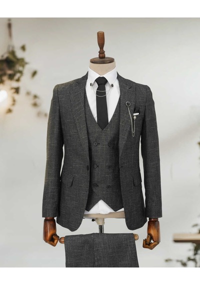 Beystil Sivri Yaka Siyah Kırçıllı Takım Elbise Storm- Slim Fit Siyah