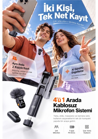 Kensa Kablosuz Yaka Mikrofonu Çift Mikrofon Type-c 4'ü 1 Arada Masa Mikrofonu Aı Gürültü Engelleme