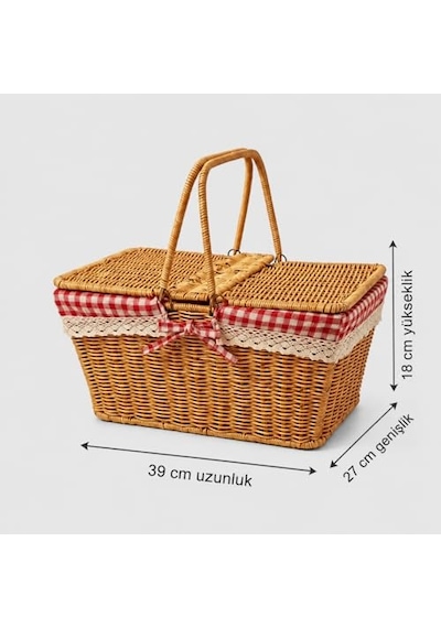 Tr Hasır Piknik Sepeti, Kırmızı Ekoseli Ve Dantelli Kapaklı Taşıma Sepeti, 39x27x18 Cm Ahşap Görünümlü Pikni Diğer