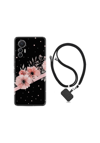 Xiaomi 12 Lite Kılıf İpli Boyun Askılı Desenli Silikon Siyah Şerit Mermer 1298