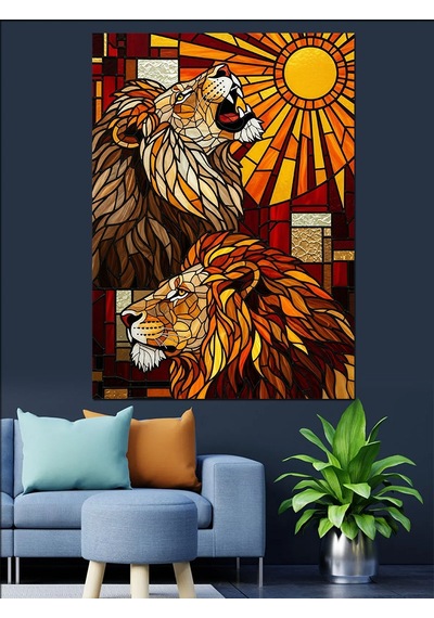 Ahşap Tablo Vitray Tarzı Aslan Portresi Dekoratif Tablolar