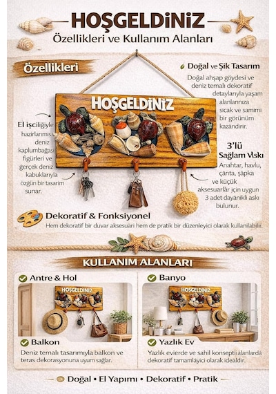 Deniz Kabuklu Ve Kaplumbağa Figürlü Ahşap Duvar Anahtarlığı, Hoşgeldiniz Yazılı Dekoratif Askılık, Giriş Holü Kapı Süsü Ev Dekoru. &