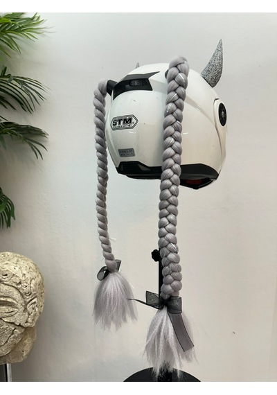 Motor & Motosiklet Gri Simli Çift Örgü Saç Ve Hologramlı Şeytan Boynuzlu Set Kask Dış Aksesuarı Diğer
