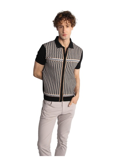 İgs Siyah Slim Fit Dar Kalıp Düğmeli Polo Yaka Desenli Kısa Kollu Triko Tişört-16311