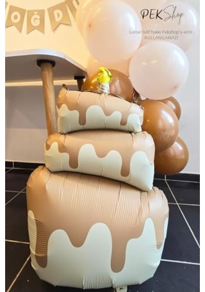Retro Krem Pasta Folyo Balon Retro Mumlu 3 Katlı Pasta Balon 2 Yaş Mavi
