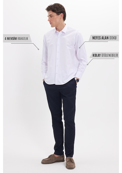 Tudors Slim Fit Uzun Kollu Kolay Ütü Teri Emen Nefes Alan Doku Kravatlık Dört Mevsim Erkek Gömlek-24607 Beyaz