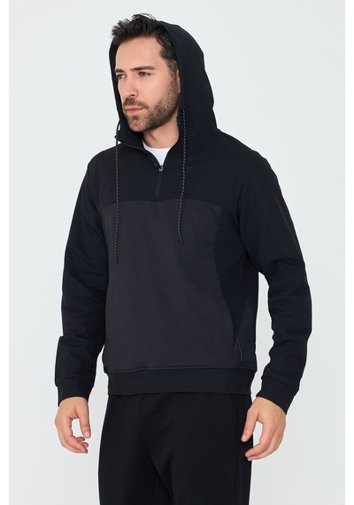 White Stone Siyah Kapüşonlu Yarım Fermuarlı Yandan Cepli Erkek Sweatshirt