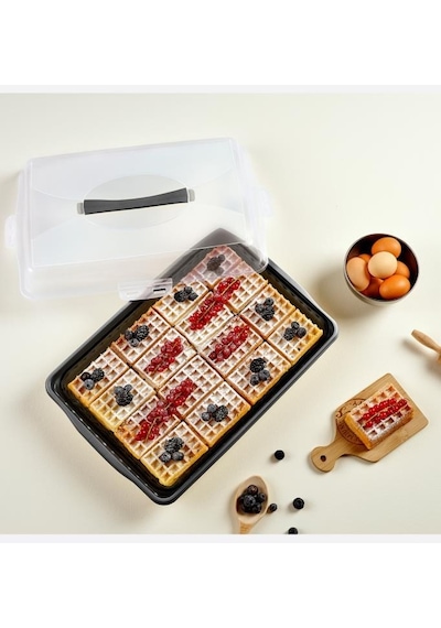 Flosoft Dikdörtgen Kek Pasta Börek Saklama Kabı, Kilitli Borcam Taşıma Kabı Büyük Boy 45 CM Siyah