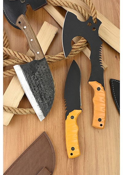 Merttools 3 Lü Outdoor Kamp Balta & Bıçak Seti Tamamı Deri Kılıflı Profesyonel Çok Amaçlı Kesici Set Kamp Seti Beyaz