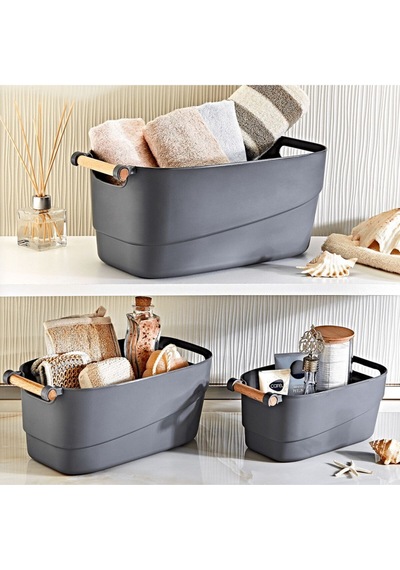 3'lü Set Ahşap Kulplu Banyo,mutfak,çekmece İçi Düzenleyici Retro Sepet Antrasit